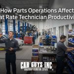 Technician waiting in an auto repair shop while parts staff searches inventory shelves for needed repair parts