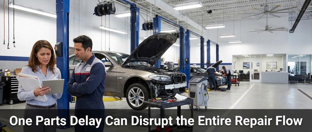 Technician and service advisor reviewing a delayed repair order beside a partially completed vehicle in a busy auto service shop