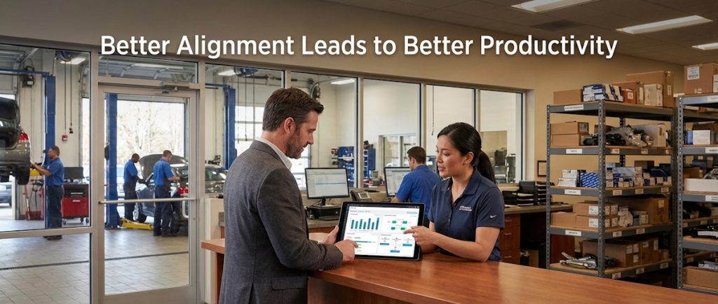 Service manager and parts manager reviewing repair workflow and inventory status together inside a busy dealership service department