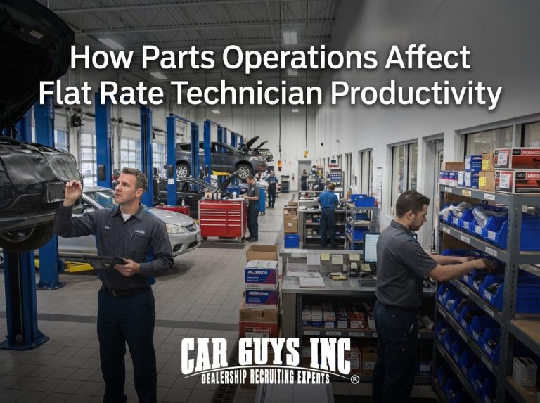 Technician waiting in an auto repair shop while parts staff searches inventory shelves for needed repair parts