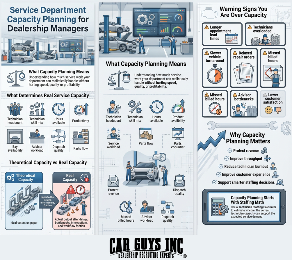Infographic explaining service department capacity planning for dealership managers, including staffing, productivity, bays, workflow, and bottlenecks