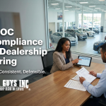 Dealership HR manager reviewing EEOC compliance hiring checklist at desk