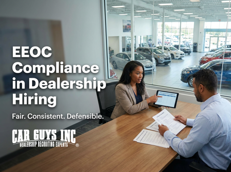Dealership HR manager reviewing EEOC compliance hiring checklist at desk