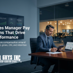 Sales manager reviewing pay plan structure at a dealership desk.