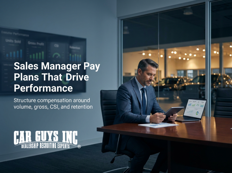 Sales manager reviewing pay plan structure at a dealership desk.