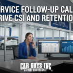 Service manager making a follow-up call at a dealership service desk