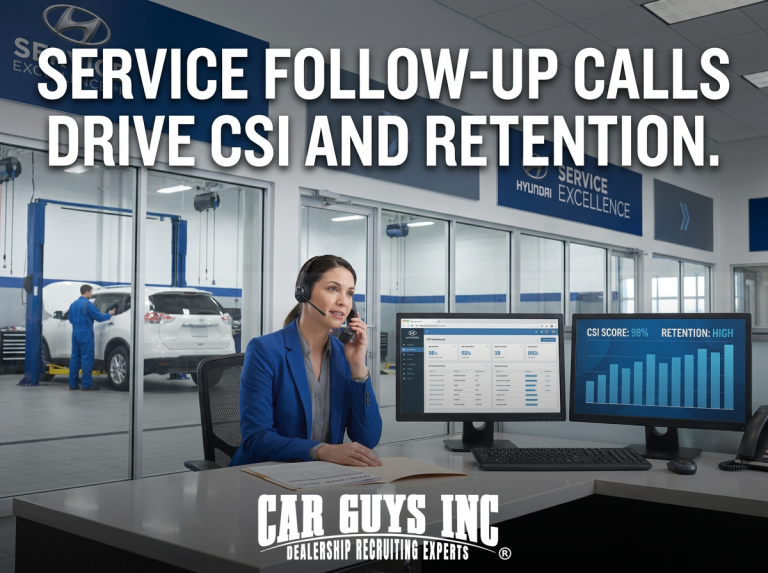 Service manager making a follow-up call at a dealership service desk
