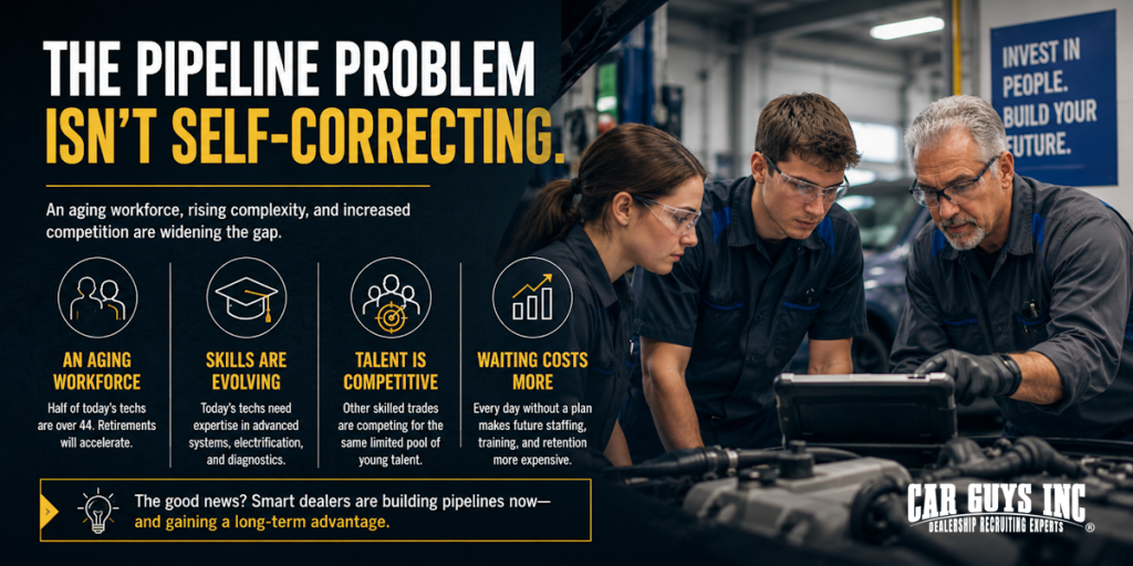 A senior automotive technician guiding a younger apprentice through a diagnostic on a vehicle raised on a lift in a modern, well-lit dealership service department