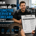 Dealership hiring manager filling out a structured interview scorecard during a candidate interview