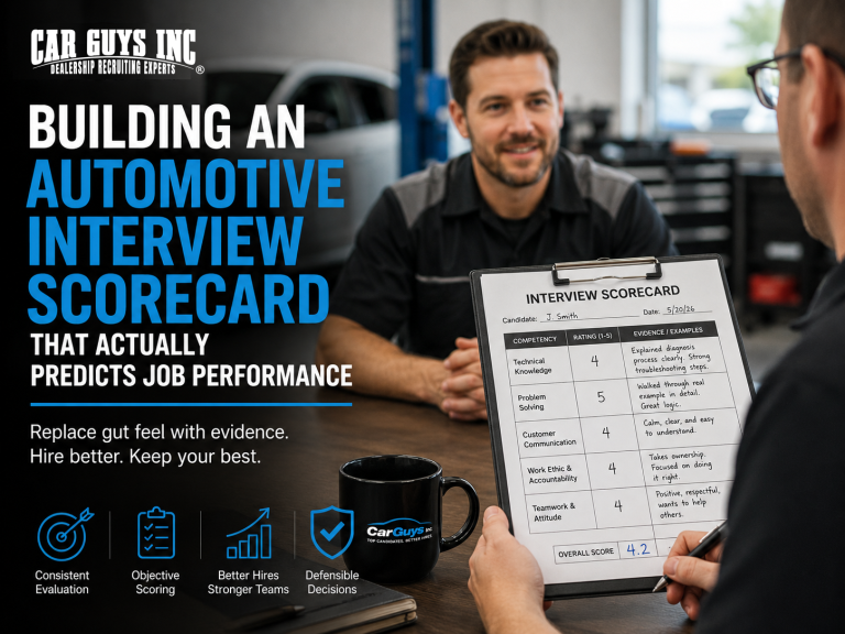 Dealership hiring manager filling out a structured interview scorecard during a candidate interview