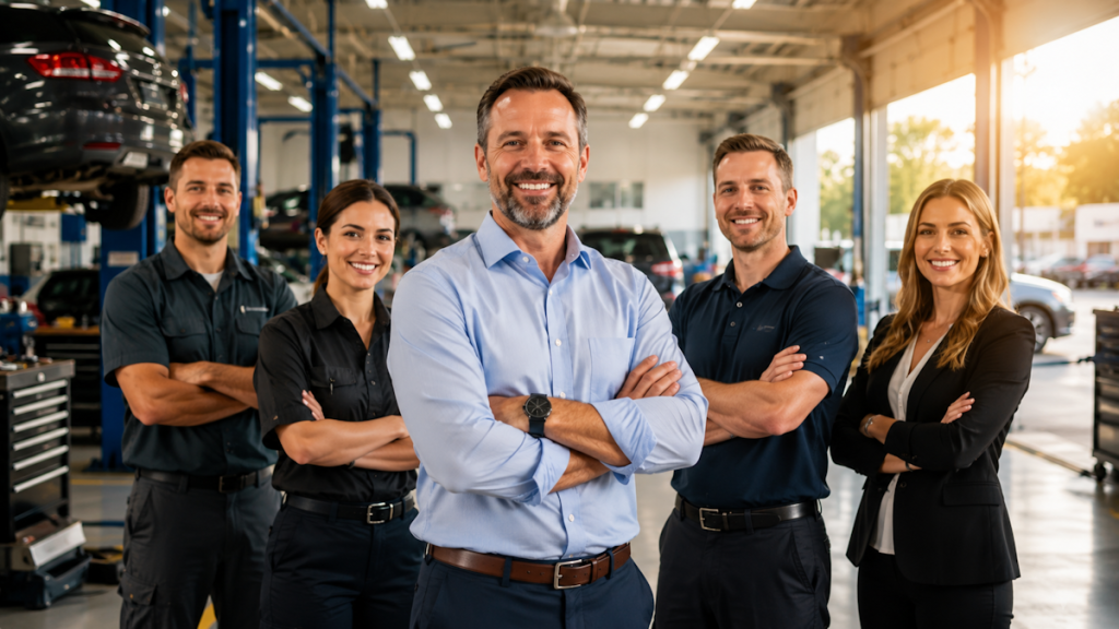 Automotive dealership leadership team in a modern service department representing a stronger recruiting strategy.