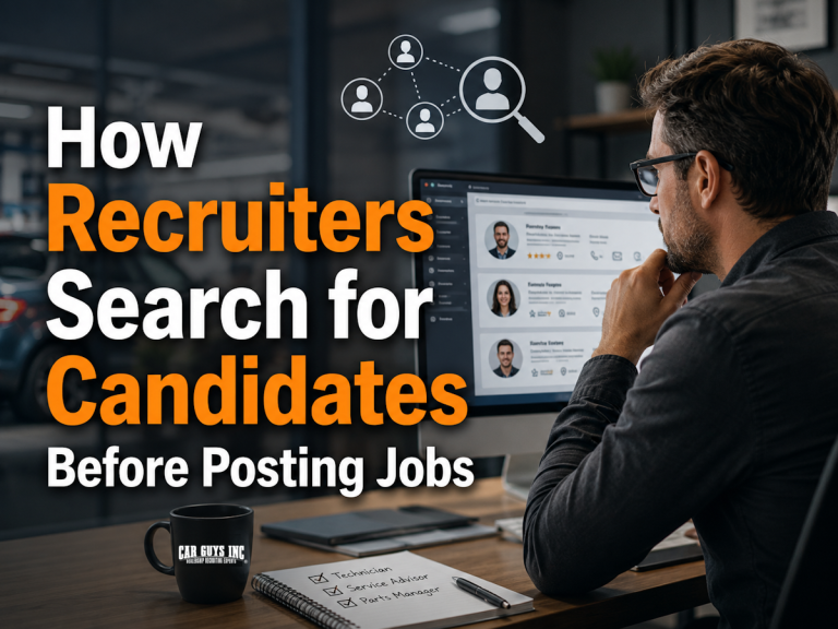 Recruiter reviewing an automotive candidate's profile on a laptop before a job is posted