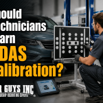 Technician setting up target boards for static ADAS calibration in a service bay