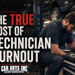 Exhausted automotive technician leaning against a service bay lift during a long shift