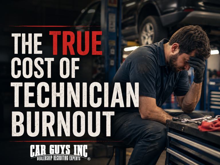 Exhausted automotive technician leaning against a service bay lift during a long shift