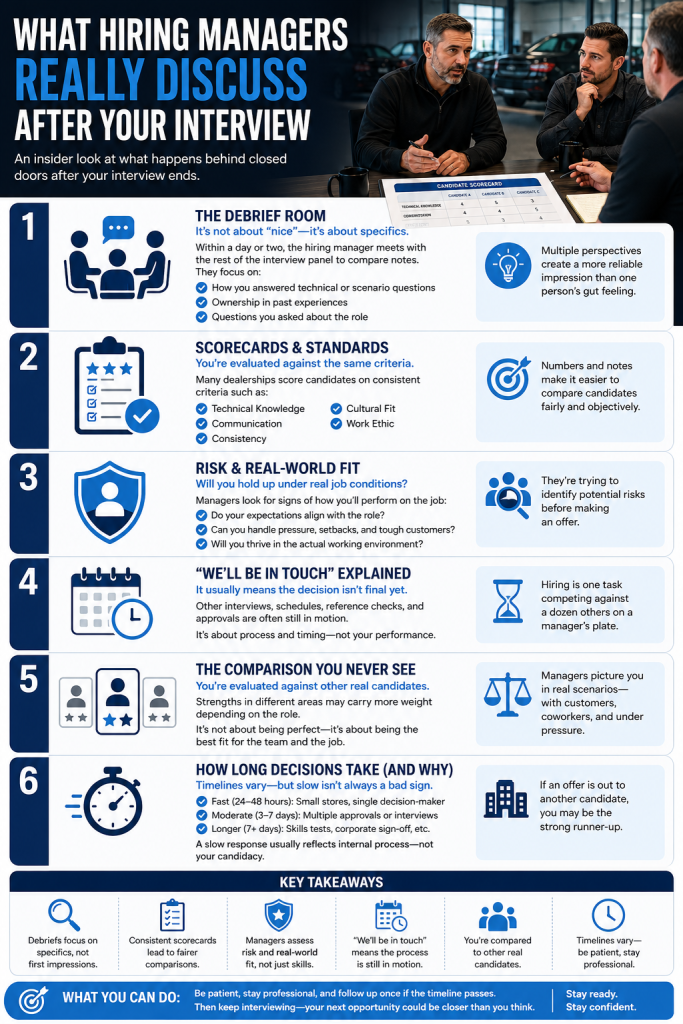 What Hiring Managers Really Discuss After Your Interview infographic.