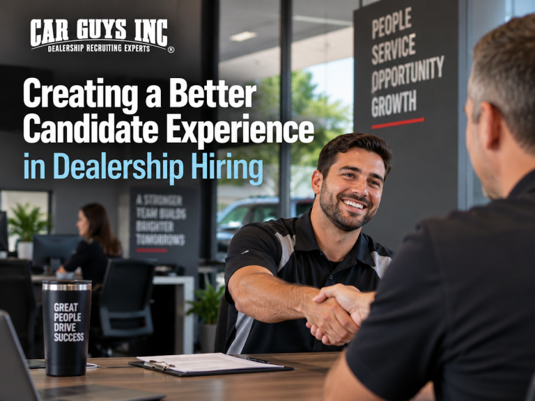 A candidate shaking hands with a dealership manager after an interview.