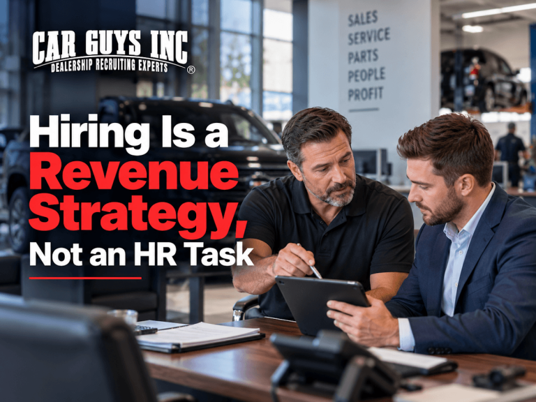 A dealership manager discussing hiring needs with the HR manager.