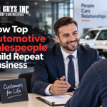 An automotive salesperson at his desk with a potential client.