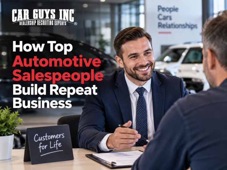 An automotive salesperson at his desk with a potential client.