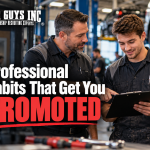 A dealership service manager reviewing a checklist with an automotive technician.