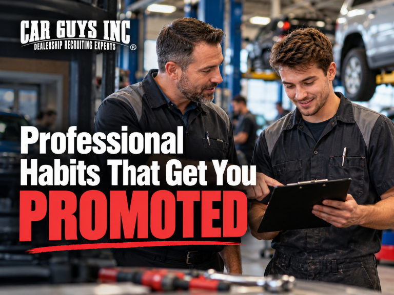A dealership service manager reviewing a checklist with an automotive technician.