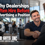 A new car dealership employee shaking hands with his manager on his first day on the job.